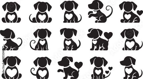 Collection of cute black puppy silhouettes with hearts
