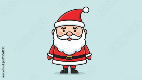 A cheerful cartoon santa claus in red suit and hat on light blue background