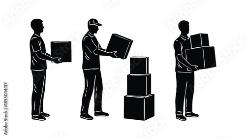 Delivery person stacking and carrying boxes in a sequence of actions.