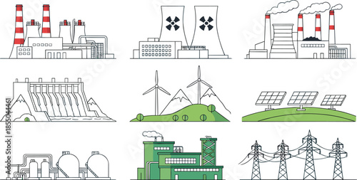 Energy production and power plant vector set with factories, nuclear stations, wind turbines, solar panels, dams, and electrical grid infrastructure illustrations