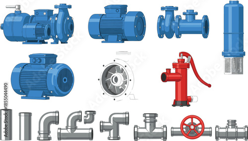 Industrial pump, valve, and pipeline vector set with motors, fire hydrant, fittings, and mechanical equipment for engineering, water supply, and industrial system design