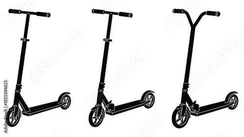 Three black scooters are lined up against a white background.