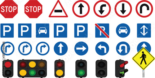 Traffic signs and traffic light vector set with road symbols, parking, direction arrows, stop signs, and pedestrian warnings for transportation and safety design