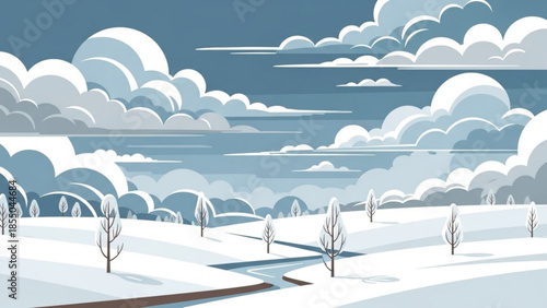 Snowy landscape with bare trees and stream under cloudy blue sky