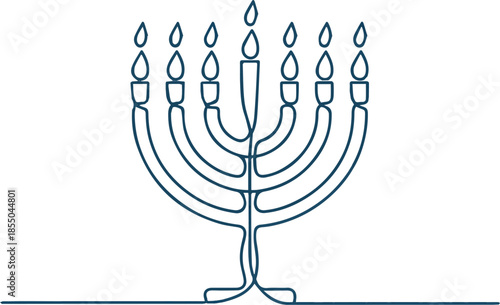 Create Hanukkah menorah one continuous line banner template. Jewish traditional candle holder with lights. Minimal Chanukah background with copy space. Vector illustration isolated on white background