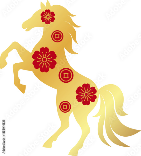 Golden Horse Silhouette. Gold Chinese Zodiac Horse. Golden Horse with Red Floral and Coin