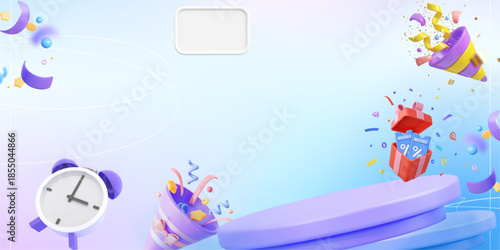 Product display design templates, promotional materials, greeting cards, and online discount coupons. Banners advertising flash sales and big discounts. Includes product display stands.