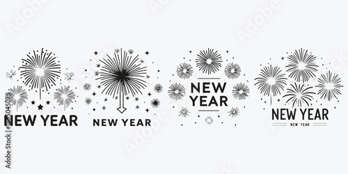 New year concept logo with fireworks sketch illustration vector set