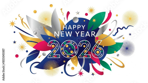 Vibrant happy new year 2026 celebration with colorful fireworks and confetti on a white background