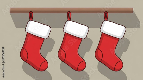 Three red christmas stockings with white cuffs hang from a wooden mantle