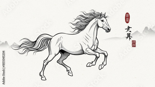 White horse running with flowing mane and tail, chinese character and red seal elements in the background