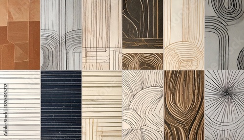 A collage of varied textures and patterns, utilizing lines, woodgrain, and geometric shapes