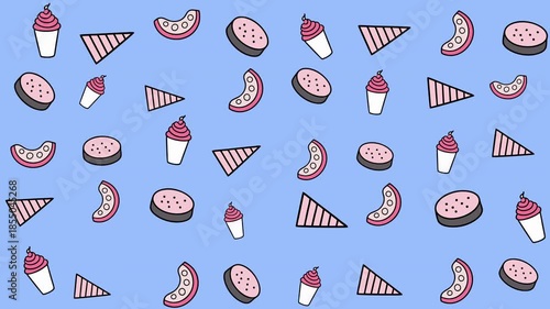 Dessert pattern with ice cream triangles, crescent moons, and cakes. Perfect for summerthemed designs, party invitations, and stationery.