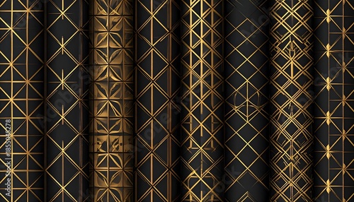 Digital art featuring multiple vertical panels with varying gold geometric patterns on black