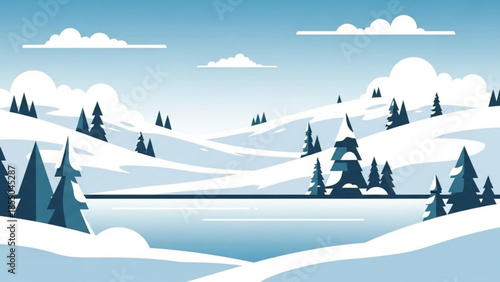 Snowy landscape with pine trees and rolling hills under blue sky with clouds