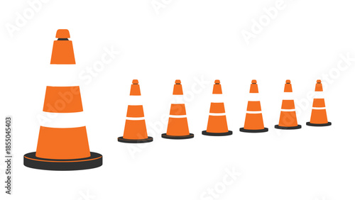 A row of orange traffic cones are lined up on a white background.
