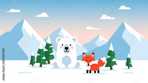A white polar bear and red fox in a snowy mountain landscape with pine trees under a blue sky with clouds