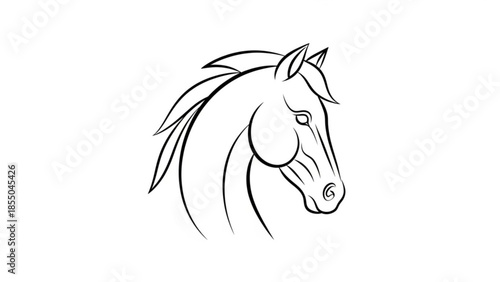 Black and white line art illustration of a horse head with flowing mane on white background, simple elegant design
