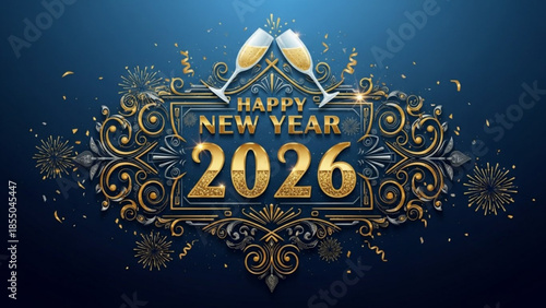 Luxury happy new year 2026 celebration with gold champagne glasses and fireworks on a dark blue background