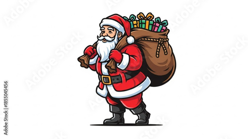 Cartoon santa claus carrying large sack of colorful gifts on back walking with joyful expression in red suit