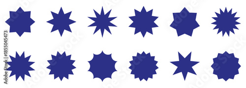 Set of dark blue star burst labels isolated on transparent background. Circle sticker set. Wavy edge promo red badges. Star burst shape tags for price. Blank sale stickers. 
