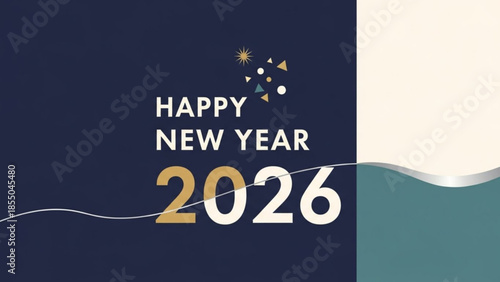Happy new year 2026 celebration design template with abstract shapes and dark blue background