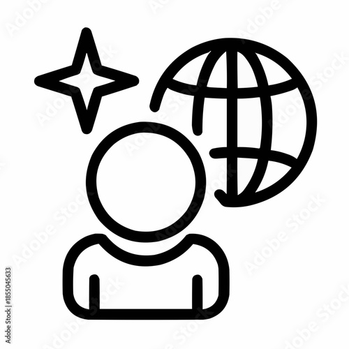 Line icon of a person with spark and globe — curiosity about the world, black on white, square minimalist style