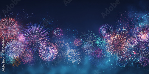 Night sky with lots of fireworks. Bright explosions of fireworks. Holiday celebration.