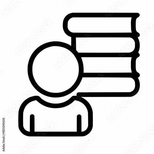 Line icon of a person with layered books — knowledge seeker, black on white, square minimalist style