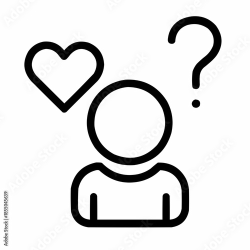 Line icon of a person with heart and question mark — emotional curiosity, black on white, square minimalist style