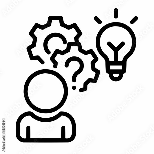 Line icon of a person with layered gears and lightbulb — mechanical curiosity, black on white, square minimalist style