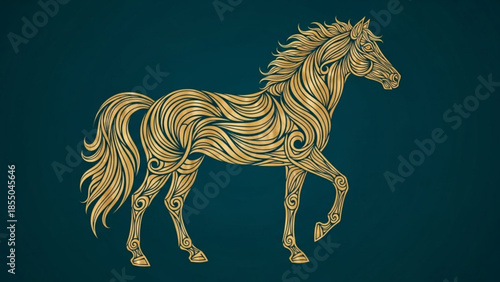 Golden ornate horse illustration on dark teal background, intricate line art, elegant equine design