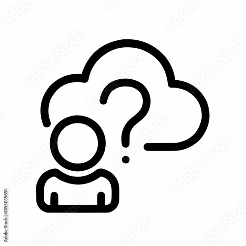 Line icon of a cloud with question mark — curiosity in thought, black on white, square minimalist style
