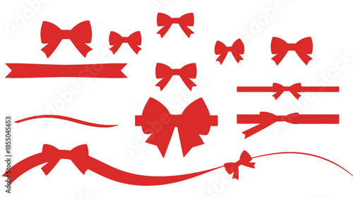 A collection of red bows and ribbons are displayed against a white background.