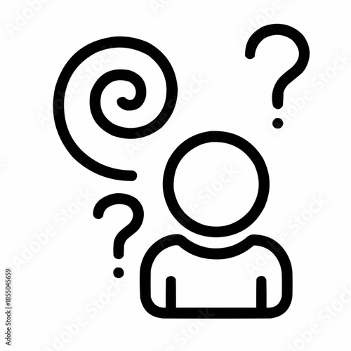 Line icon of a person with upward spiral and question mark — evolving inquiry, black on white, square minimalist style
