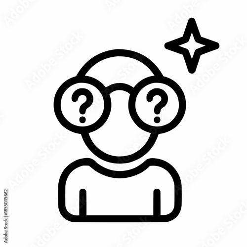 Line icon of a person with binoculars and spark — visual curiosity, black on white, square minimalist style