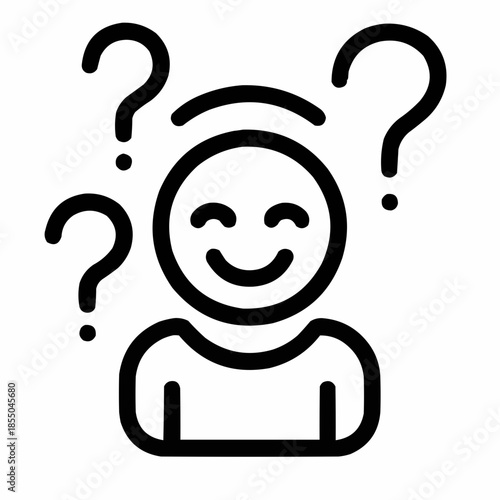 Line icon of a person with layered question marks and smile — joyful inquiry, black on white, square minimalist style