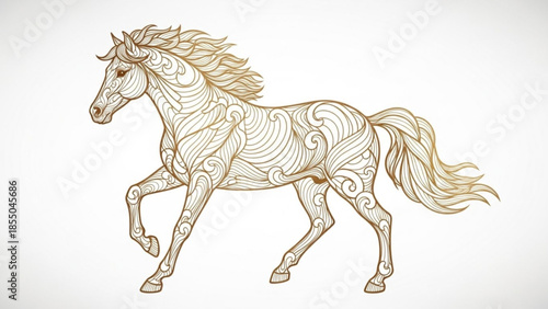 Ornate horse illustration with intricate patterns and flowing mane on white background, ideal for decorative purposes