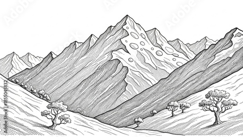 Serene mountain landscape with rugged peaks, sparse trees, and rolling hills in a detailed black and white illustration