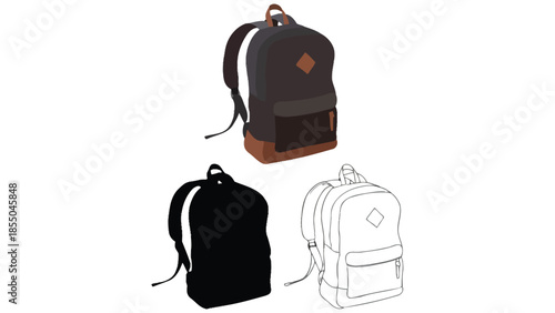 Three different styles of backpacks are displayed on a white background.
