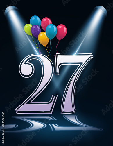 Number 27 in the spotlights with balloons in the background. Festive scene for birthday or anniversary party