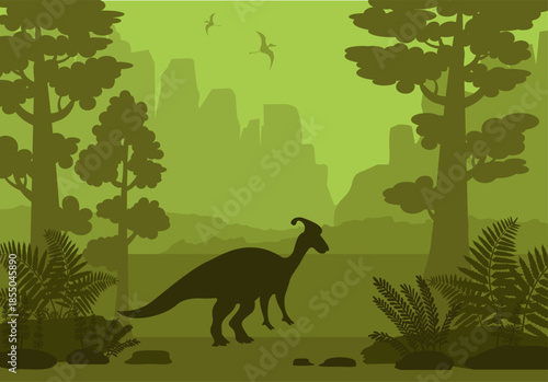 Silhouette of dinosaurs on nature landscape - mountains, trees and prehistoric ferns. Vector illustration with ancient parasaurolophus and pterodactyls.