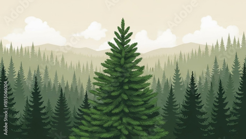 Tall green pine tree standing in front of forest and mountain range under beige cloudy sky