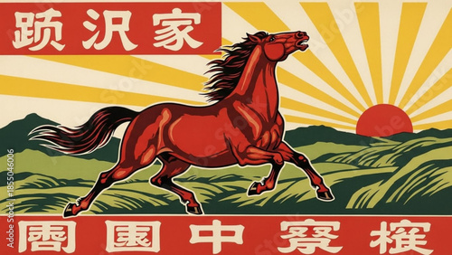 Vintage propaganda poster featuring a running horse with chinese characters and sunrise background