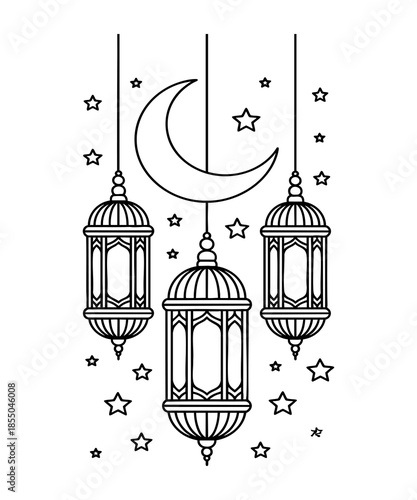 Islamic Ramadan Lanterns Line Art Vector with Crescent Moon and Stars