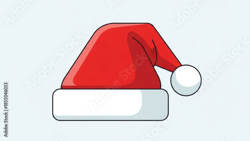 A cartoonish red santa claus hat with white trim and pom pom on light blue background for christmas