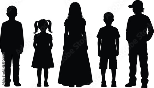 Family silhouettes standing together, parents and children figures isolated on white background representing unity, childhood, generations, togetherness concept