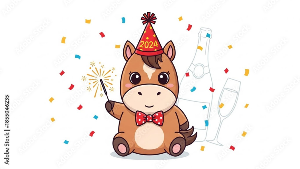 Naklejka premium A cute brown horse wearing a red 2024 party hat and bow tie holding a sparkler surrounded by colorful confetti and champagne bottle and glass