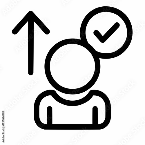 Line icon of a person with upward arrow and checkmark — goal achieved, black on white, square minimalist style