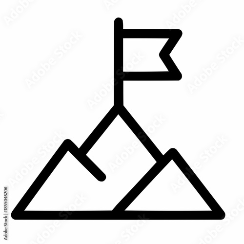 Line icon of a flag planted on peak — mission accomplished, black on white, square minimalist style